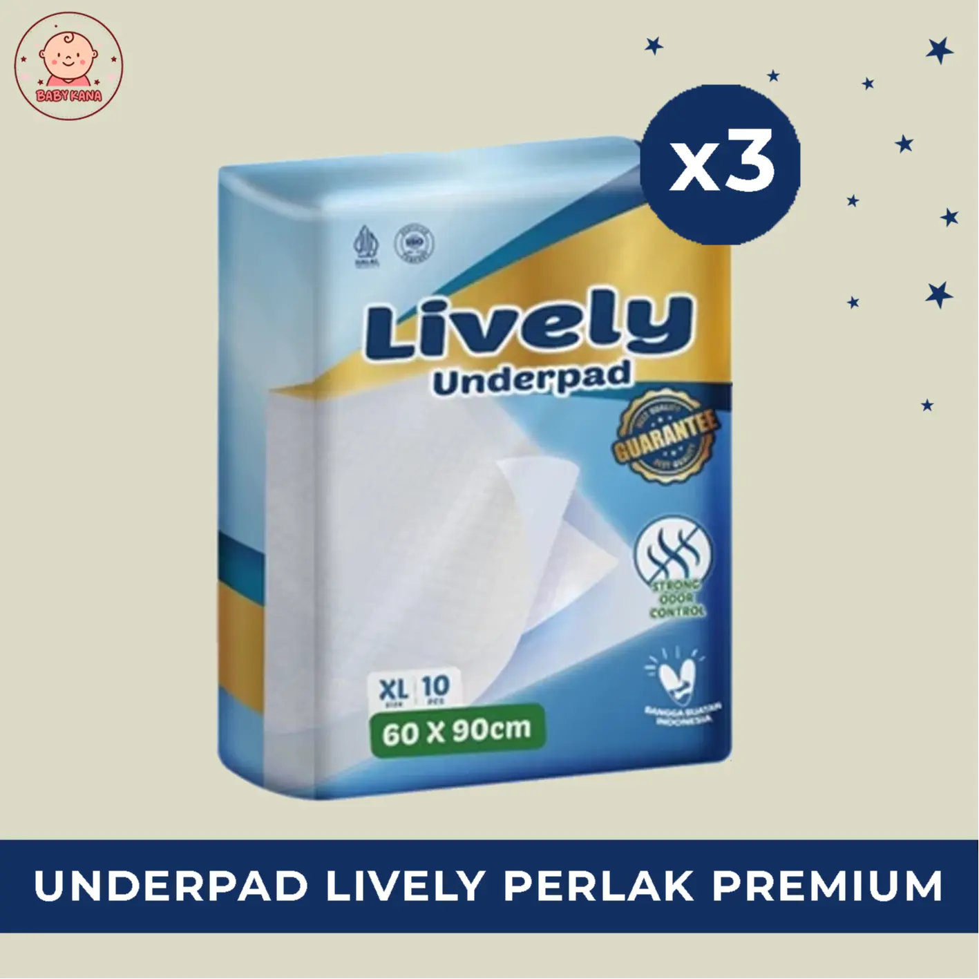 [PAKET 3 BALL] LIVELY Underpad HALAL Perlak 60cm X 90cm PREMIUM - 10pcs Alas Pipis / Daya Serap Tinggi / Anti Bocor