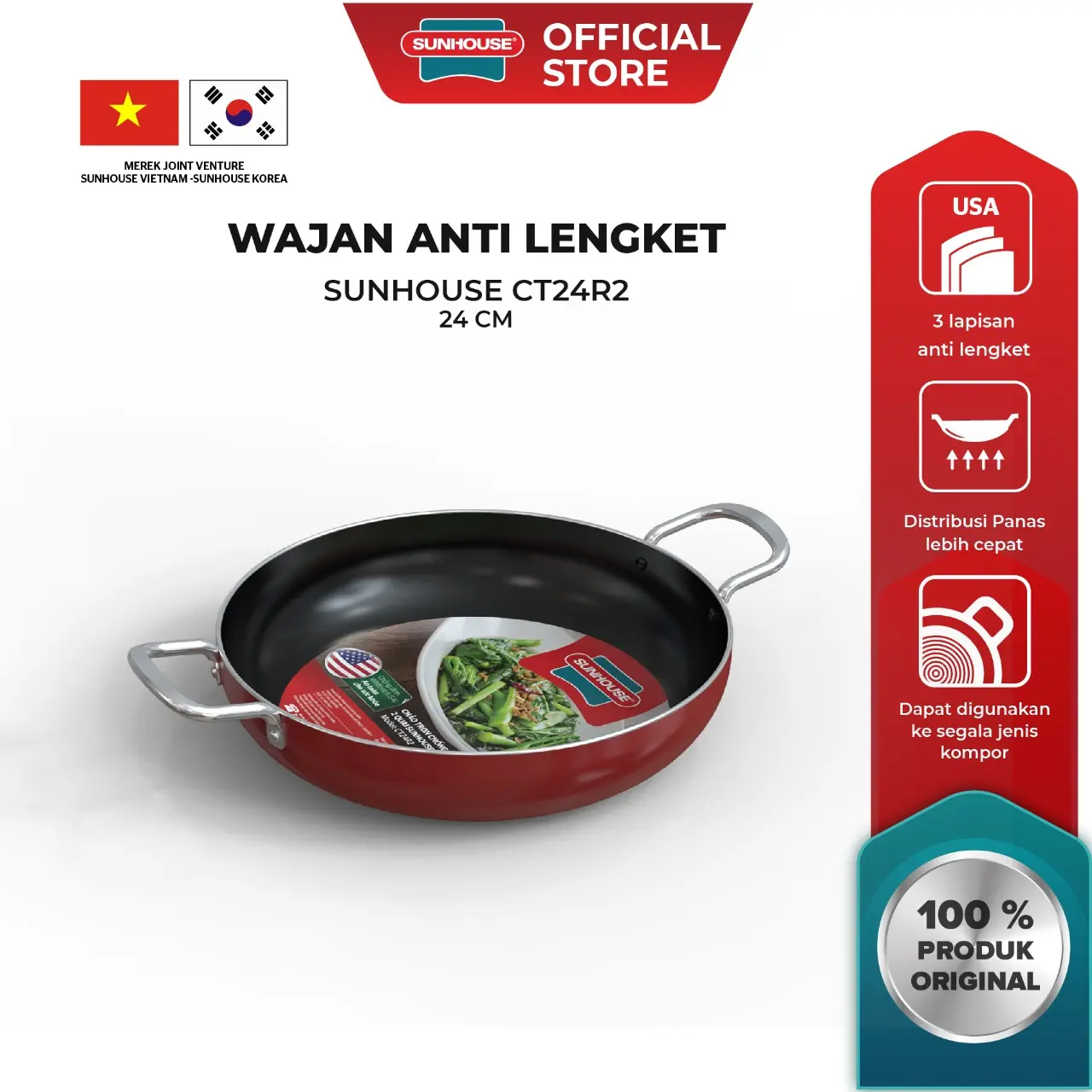 Sunhouse CT24R2 Wajan Pan Anti Lengket Hitam Merah 24 cm 1 Pcs Aluminium Kitchenware