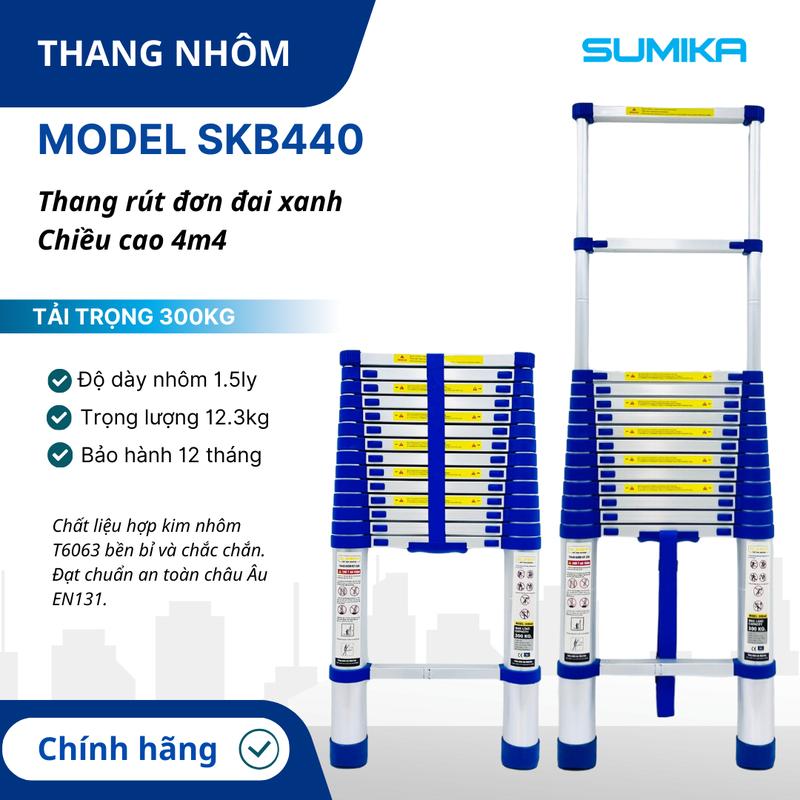 Thang nhôm rút đơn SUMIKA SKB440, chiều cao 4.4m, đai màu xanh