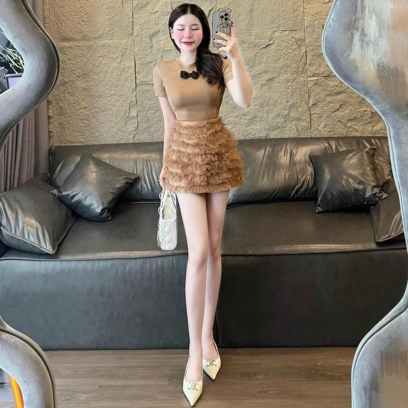 Set áo tăm lạnh ôm body đính nơ mix chân váy tầng bèo xinh dể thương mẫu mới đáng yêu Nữ 1