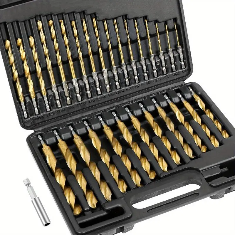 Titanium Coated Drill Bit Set with Storage Case, High Speed Steel Drill Bits Kit for Steel, Aluminum, Copper, Soft Alloy, Tool Accessories