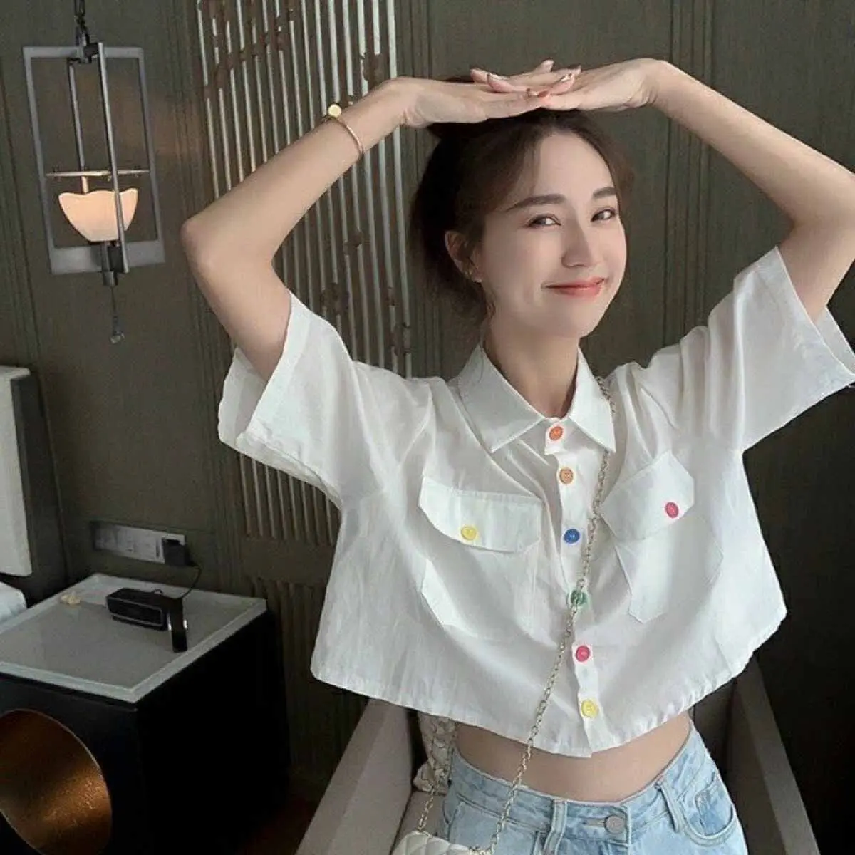 ÁO SƠ MI VOAN CROPTOP PHỐI NÚT MÀU DỄ THƯƠNG