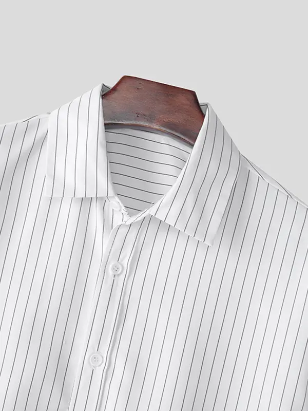 Men's Striped Print Long Sleeve Crop Shirt, High Stretch Casual Comfy Button Front Collared Top for Daily Wear, Men's Clothes for All Seasons,  Streetwear 5