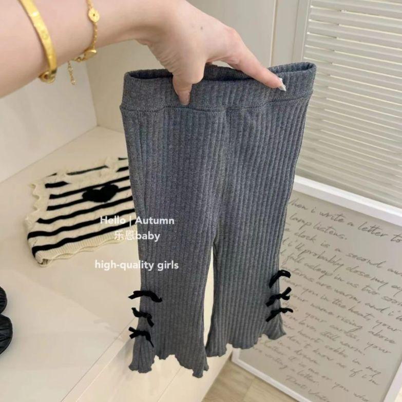 Product Introduction of Girls Flared Pants 2024 Autumn New Korean Style Baby Bow Stretch Sunken Stripe Cotton All-Matching Slim Fit Pants Fashion 4