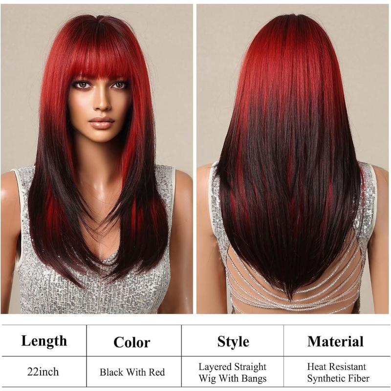 Local shipping-testar Long Ombre Pink Black Wigs For Black Women Straight Pink Brown Wigs With Thick Bangs Cosplay Wigs Colorful Wigs Synthetic Layered Hair Wigs For Daily Use 8