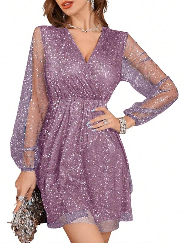 Women's Glitter V Neck Wrap Sheer A Line Dress, Elegant Long Sleeve Short E Fancy Dress Women for Party Cocktail Prom, Ladies Spring & Fall Clothes, Fancy Dress Adult 5