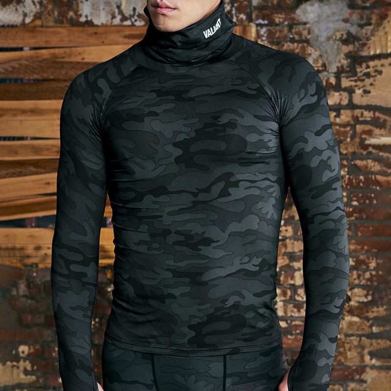 Men T-shirt Camouflage Solid Color Letter Turtleneck Streetwear Spring Autumn Slim Fit Quick Dry Bodybuilding Bottoming Shirt for Fitness 7