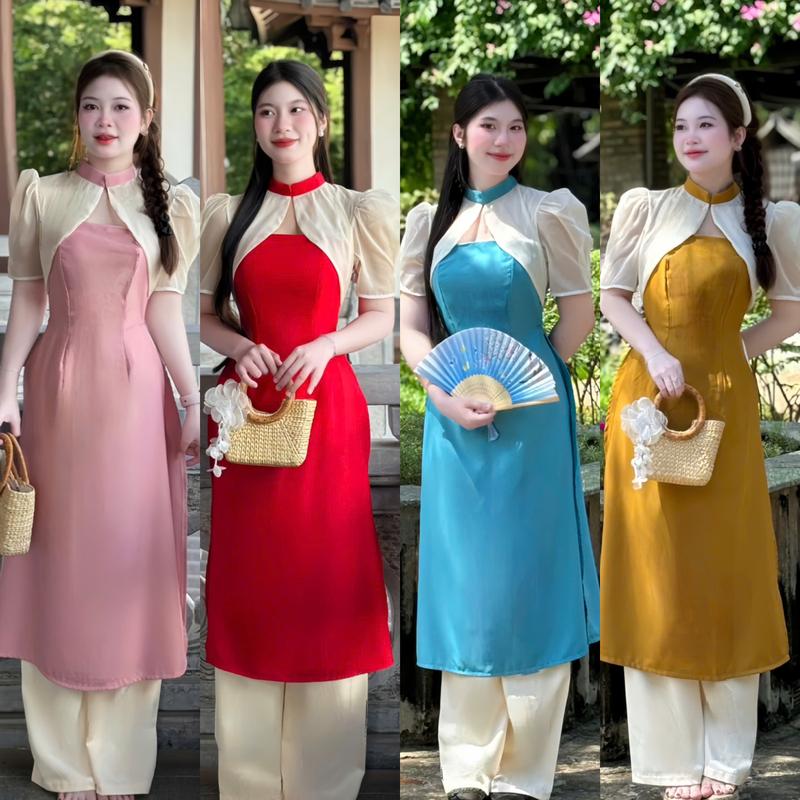FREESHIP D8- Sét ÁO Dài Cách Tân kèm quần Vải Luạ Hàn Phối Tơ Mềm Mịn Xinh Xắn Đi Chơi Tết Đi Du Xuân đều xinh Đủ size 40kg-60kg Mijustore Kem Dress Women Nữ