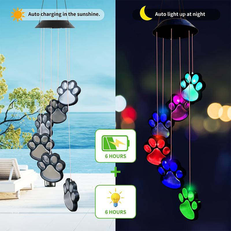 Solar Powered Paw Print Design Wind Chime Light, Color Changing Solar Hanging Light, Outdoor Decorative Light for Balcony, Patio, Yard 8