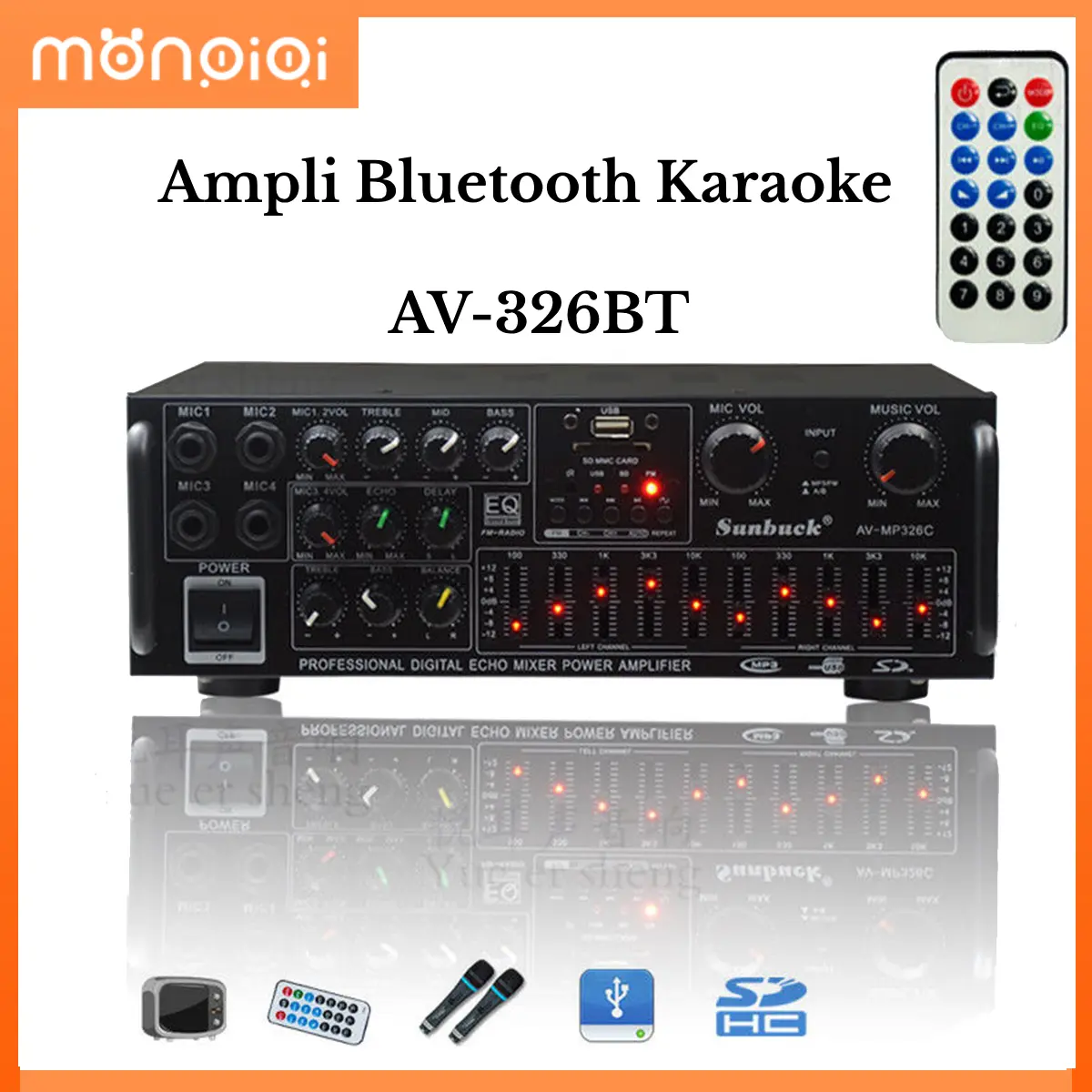 Amly karaoke bộ khuếch đại 326BT hàng (cổng 12v, 220v, có bluetooth) Bộ khuếch đại Bluetooth ô tô / gia đình BT-198A Nghe Nhạc / Bộ khuếch đại công suất gia đình 220V tiêu chuẩn Châu Âu AV-326BT