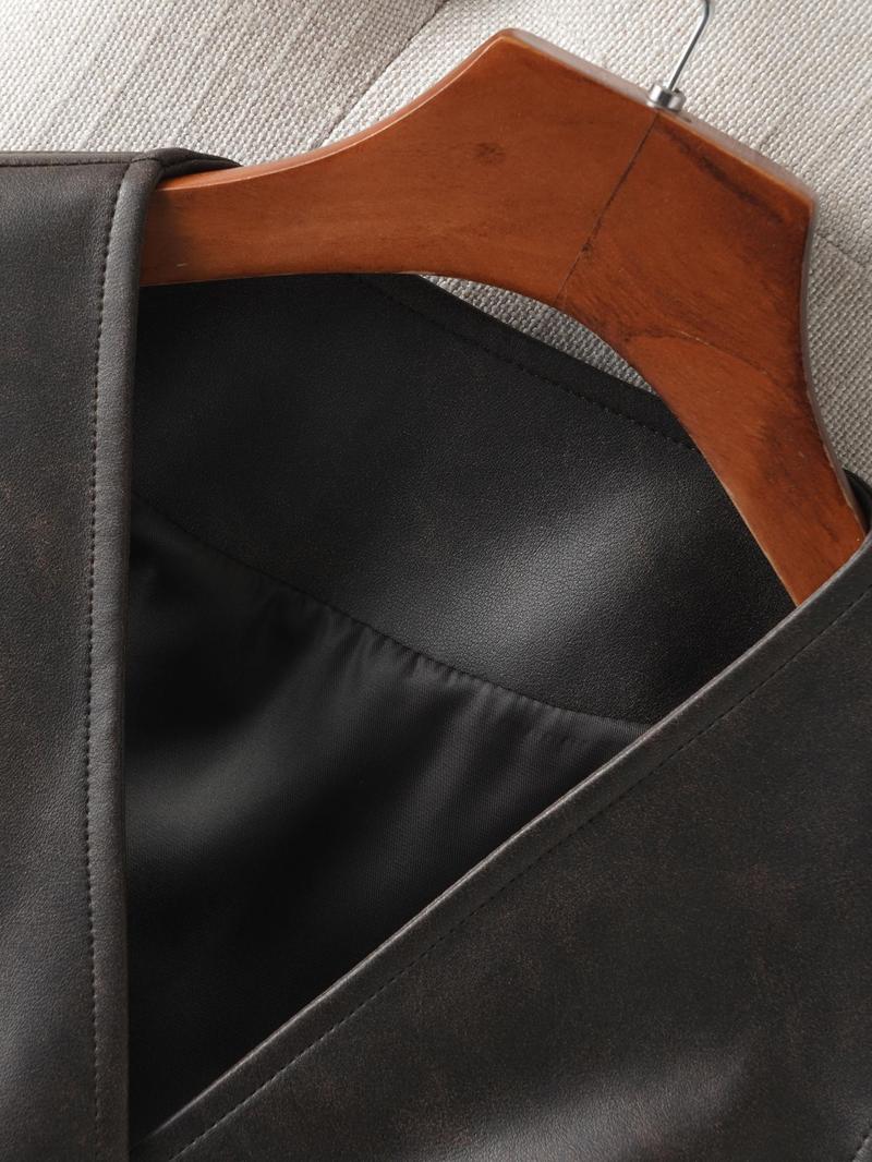 Product Introduction of Women's Solid Color Button Front Pu Leather Vest, Fashion Casual V Neck Outerwear for Work Office Business, Ladies Spring & Fall Clothes 7