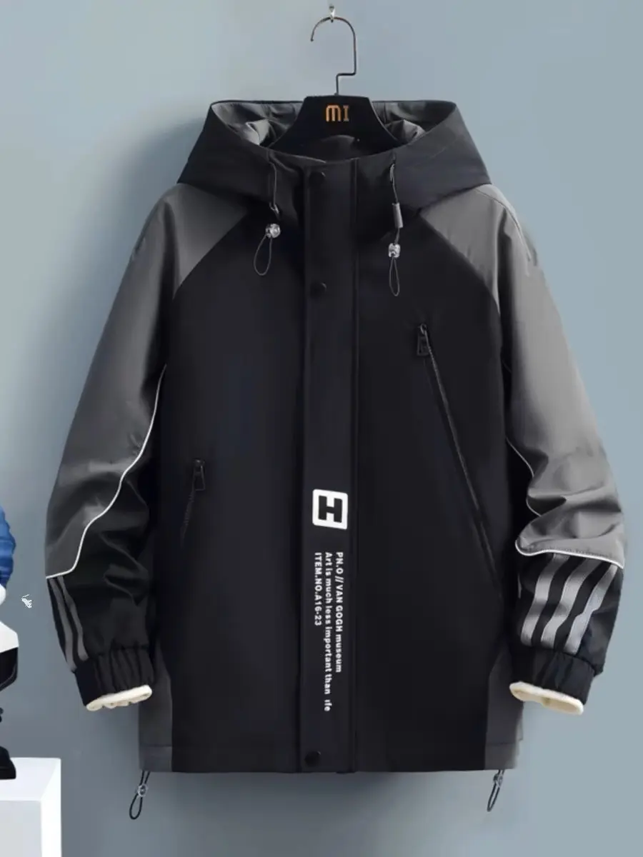 Áo khoác nam unisex cổ đứng vải dù nhật 2 lớp phong cách school hàn quốc họa tiết chữ thêu At7( full size từ 30 đến 97kg ) Menswear Tay Dài Jacket Nhung Đen