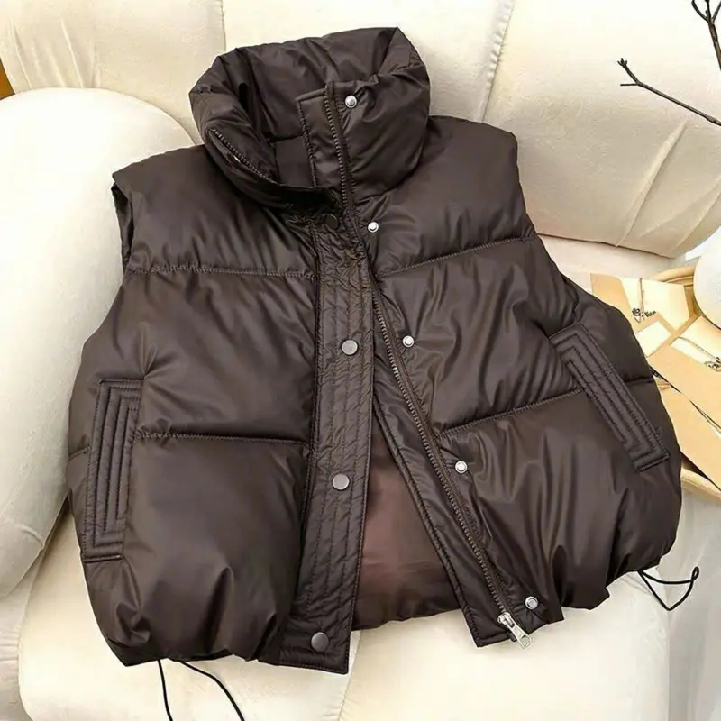 Áo phao ghile dáng ngắn chất Da Nữ Jacket Top áo phao tay 0