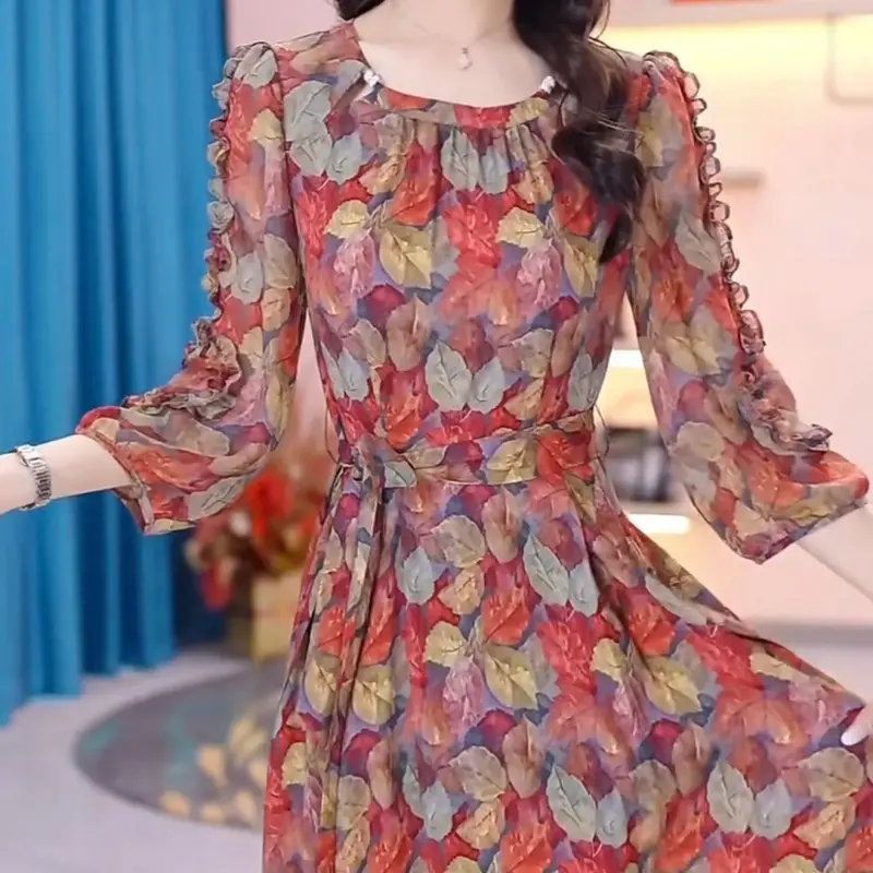 FADFAD [SHORT VIDEO] Gaun rok elegan motif bunga pinggang ramping dengan lengan panjang dan terdapat variasi tali pinggang 3