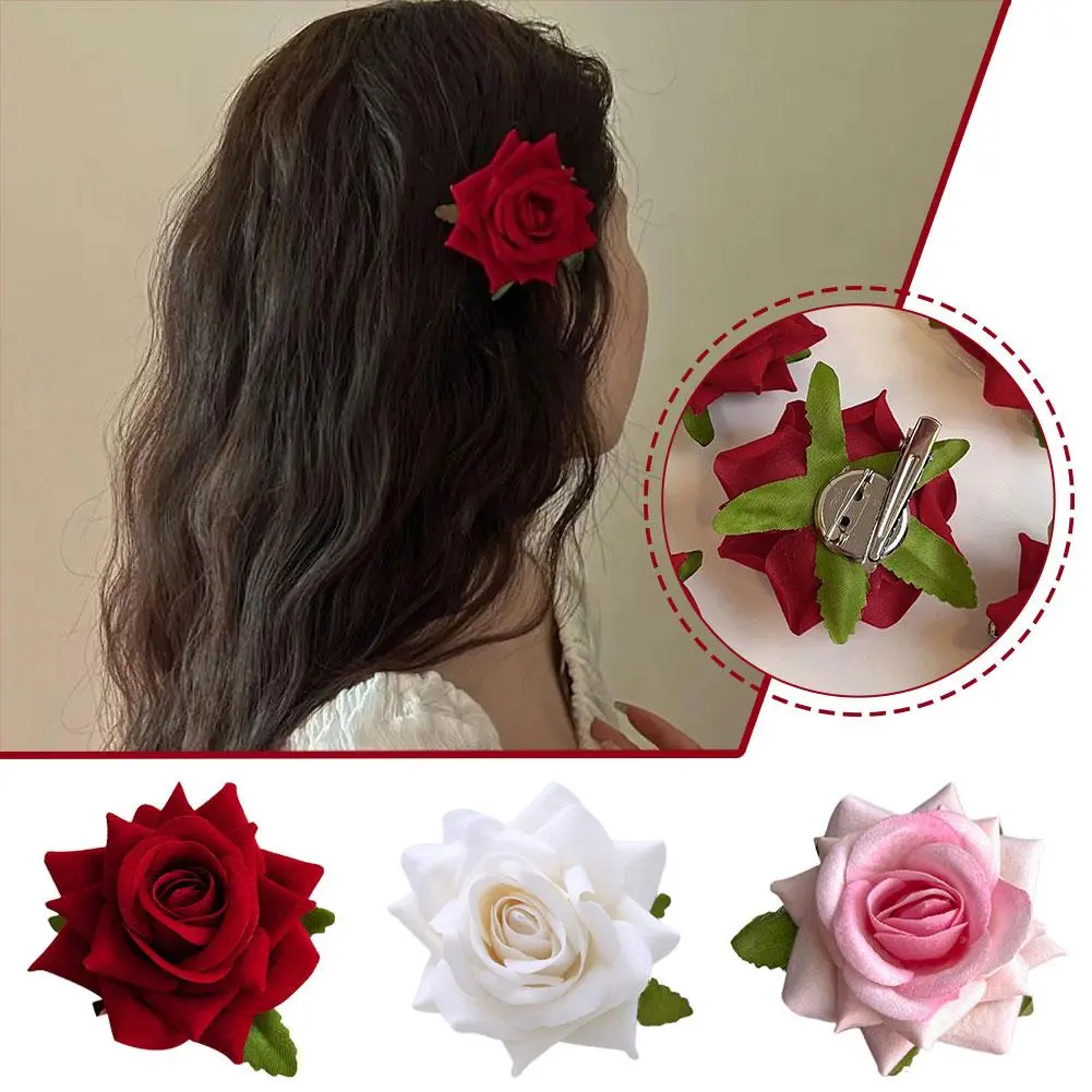 New Retro Red Rose Flower Classy Elegant Fashionable Hairpin Side Clip Hair Accessories