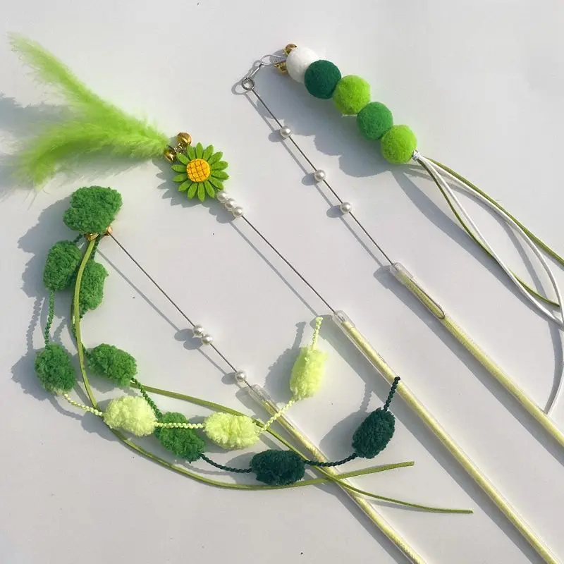 Feather Cat Teaser Wand, Sunflower, Caterpillar Yarn Ball, Long Rod Set, Durable Kitten Toy with Replaceable Attachments