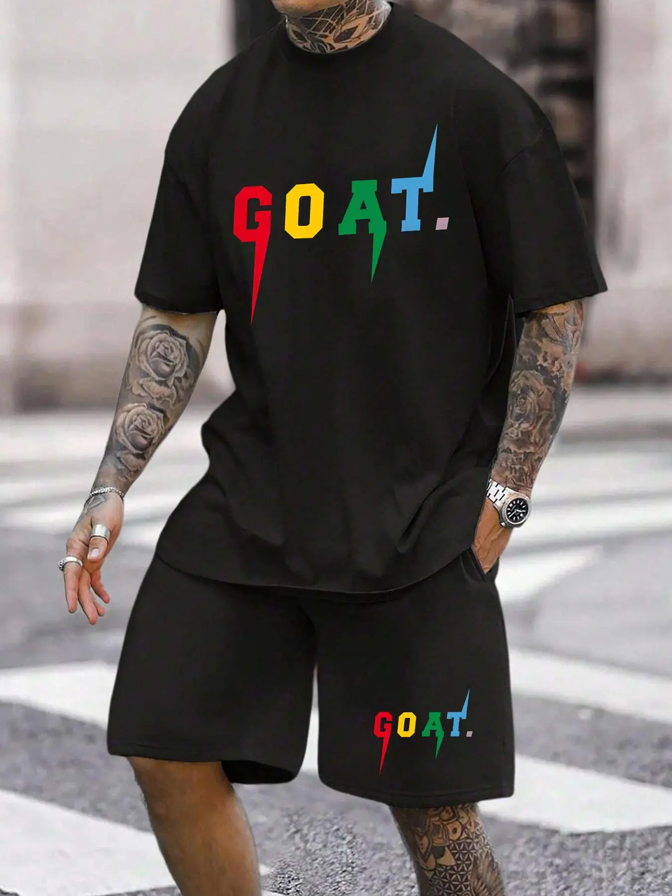Men's Letter Print Short Sleeve Tee & Shorts Set, Regular Fit Round Neck T-shirt & Track Shorts, Casual Summer Clothes Set for Outdoor