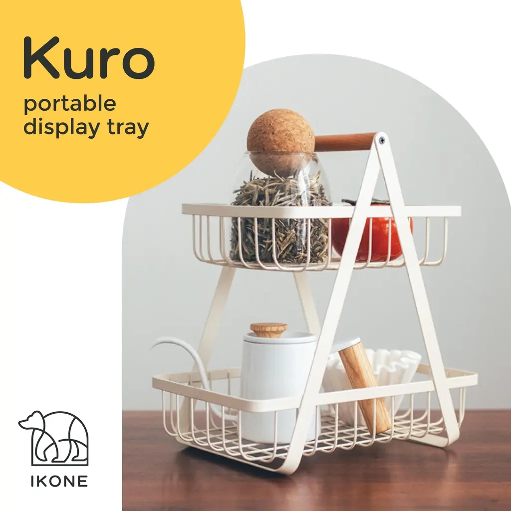 【IKONE】KURO Keranjang Rak Dapur Rak Buah Besi Rak Dapur Besi Kayu Serbaguna Dapur Rak 2 Tingkat Dapur Penyimpanan Keranjang Serbaguna