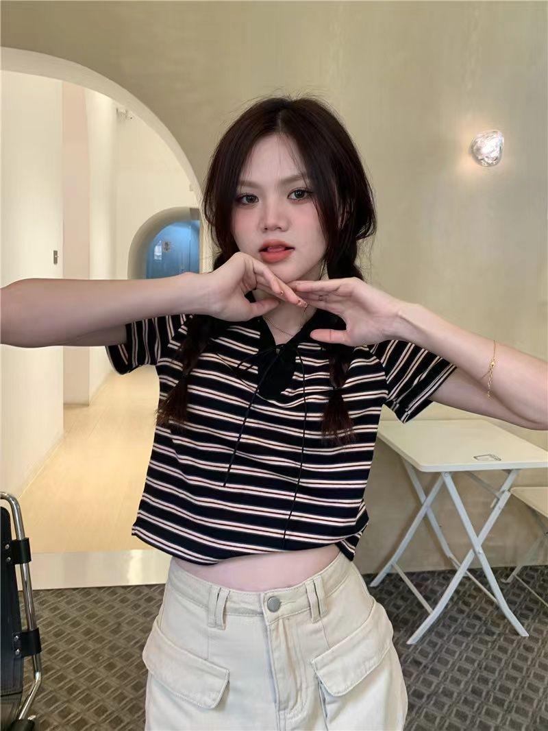 Product Introduction of Áo Thun Sọc, Cổ Polo Màu Tương Phản, Dành Cho Nữ, Phong Cách Cổ Điển Mùa Hè, Mỏng Vừa Vặn, Ngắn Tay, Áo Vai Ngắn, Bán Chạy 21