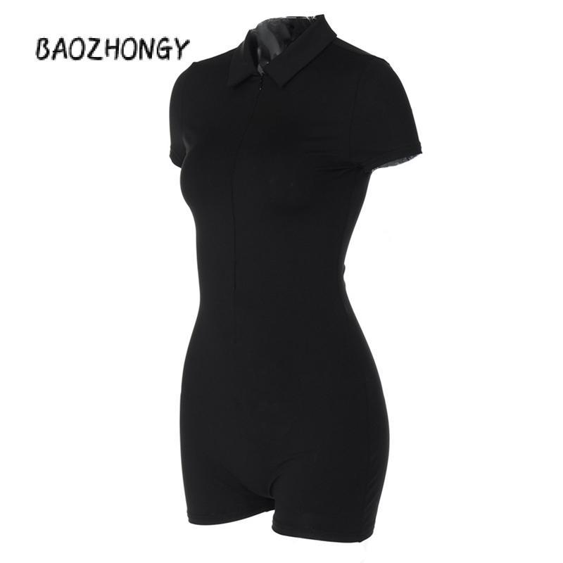 Product Introduction of Women's Slim Sports Bodysuit Solid Color Short Sleeve Lapel Front Zip Up Romper Shorts Jumpsuit 33