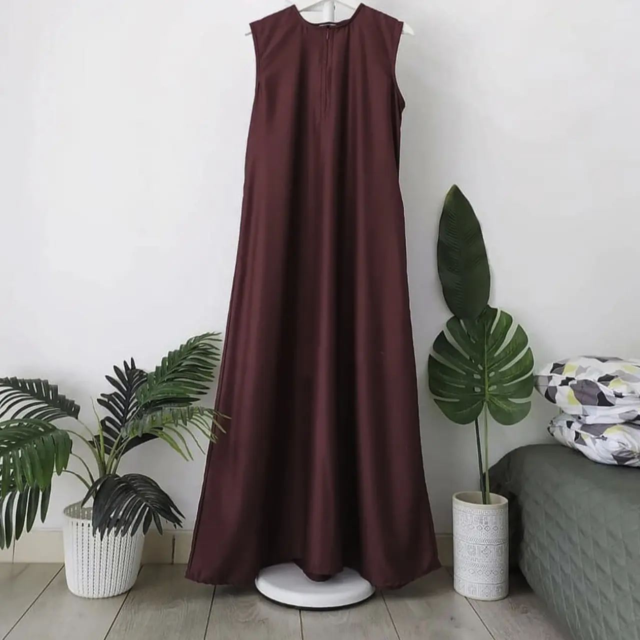 GA Gamis Polos Sleveless tanpa lengan Maro0n kain muslim Panjang Tebal Wanita Dewasa Mewah Remaja