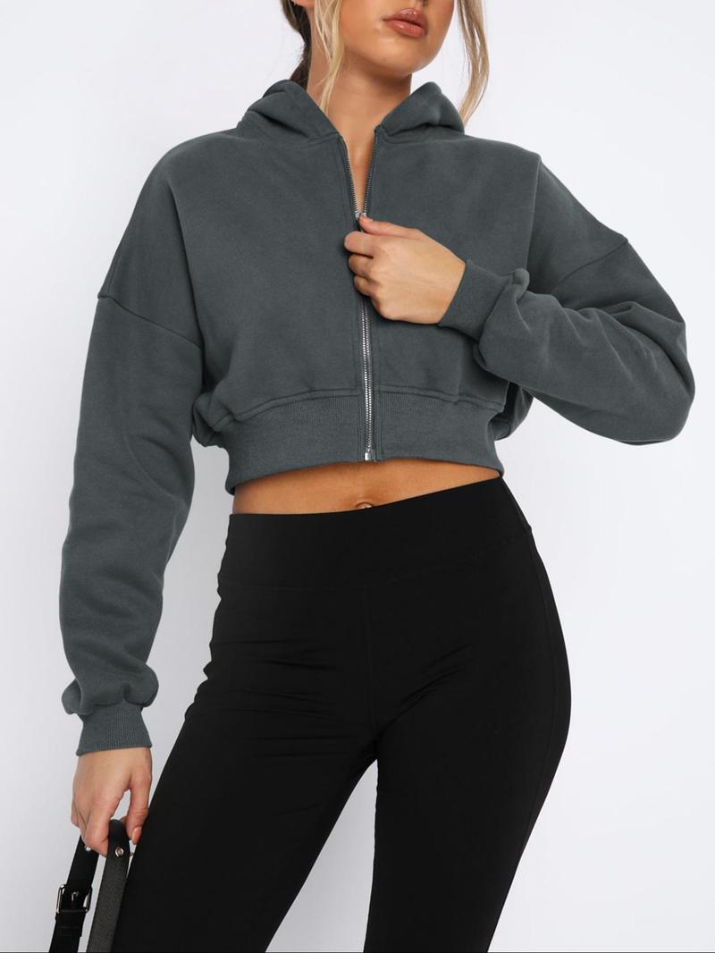 Product Introduction of Women's Solid Zip Up Drop Shoulder Hoodie, Casual Long Sleeve Hooded Sweatshirt for Fall & Winter, Women's Clothing for Daily Wear 9