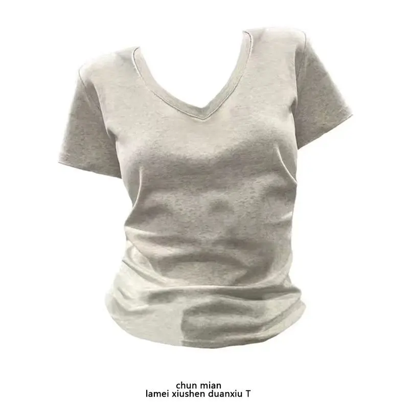Women's Cotton American-Style Short-Sleeved Shoulder V-neck T-shirt Summer New Slim Fit Hot Girl Versatile Slimming Design Niche Top