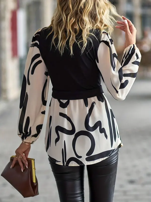 Women's Colorblock 2 In 1 Long Sleeve Button Collared Blouse, Casual Bishop Sleeve Collar Top for Spring & Fall, Women's Clothes for Daily Wear 1