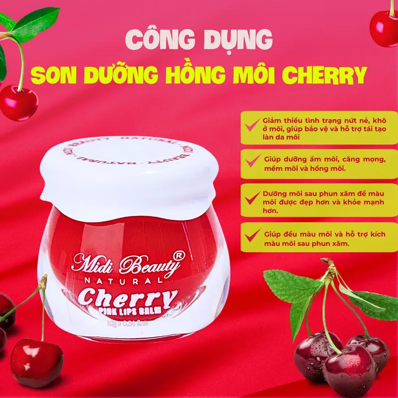 [TẶNG CỌ SILICON] Son Dưỡng Hồng Môi CHERRY 10G và Son Dưỡng Tẩy Da Chết Môi CHERRY 10G Midi Beauty Natural: Dưỡng môi mềm mại, hồng môi, bóng môi. Hỗ trợ mờ thâm môi và k.ích m.àu m.ôi phun xăm [Kèm Muỗng+Thẻ Bảo Hành] Nữ Women 4
