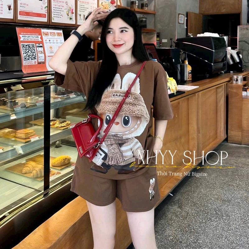 Bigsize 60-90kg Set bộ đùi thun cottong in hình labubu cho nữ, Bộ đồ áo thun tay lỡ in hình labubu tay lỡ + quần đùi lưng thun in hình Nhyy Shop 6