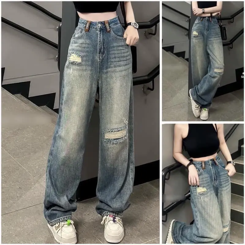 Quần Jean Nữ Ống Suông Rộng Phối Đai Kiểu Lưng Cao Nâng Mông S2 Women - Mẫu Mới - Pants