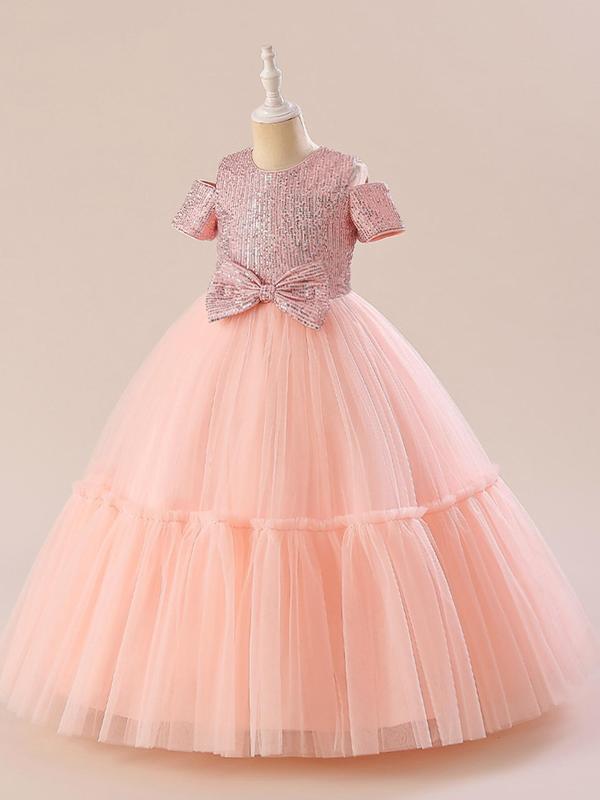 Girl's Contrast Sequin Bow Decor Tulle Dress, Elegant Round Neck Short Sleeve Fit & Flare Dress for Party, Kids Clothes for All Seasons 6