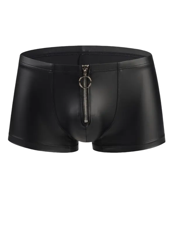 Men's Solid Color Zipper Fly Boxer Brief, Comfy Breathable Sexy Faux Leather Boxer Briefs for Daily Wear, Men's Underwear for All Seasons, Undergarments 2