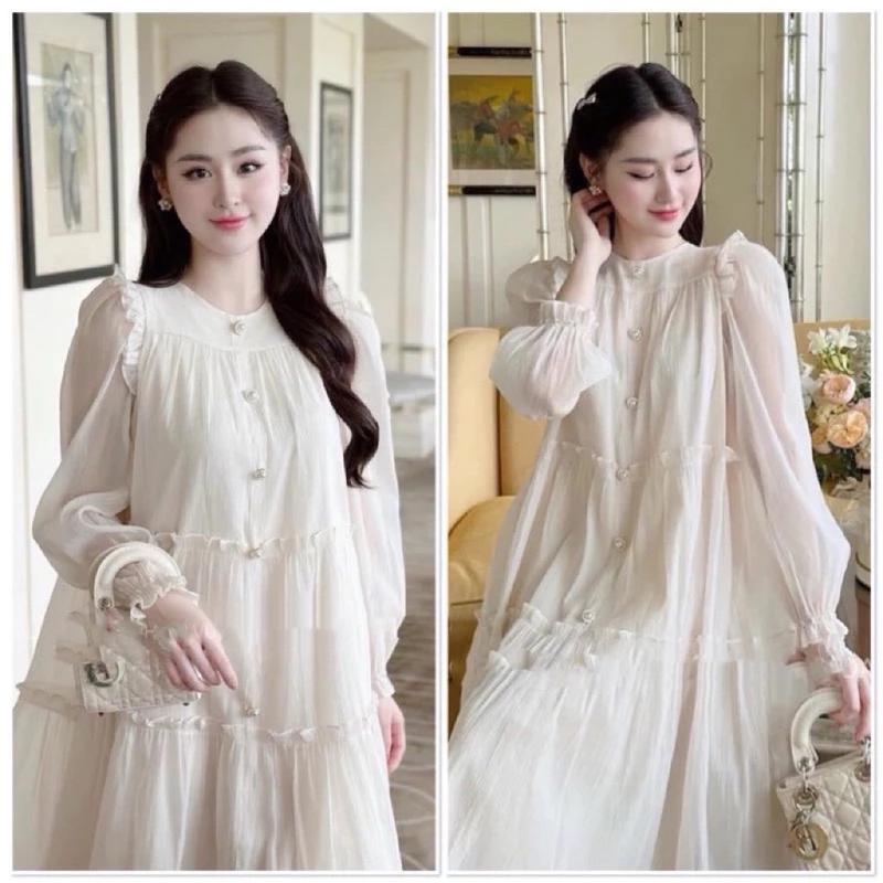 Váy bầu thiết kế dài tay tơ ánh cao cấp 3 tầng - Đầm Bầu