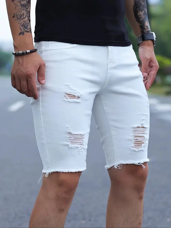 Men's American Retro Style Solid Color Distressed Ripped Denim Shorts, Street Fashion Casual Comfy Pocket Denim Shorts for Summer, Trendy Men's Bottoms for Daily Wear 4