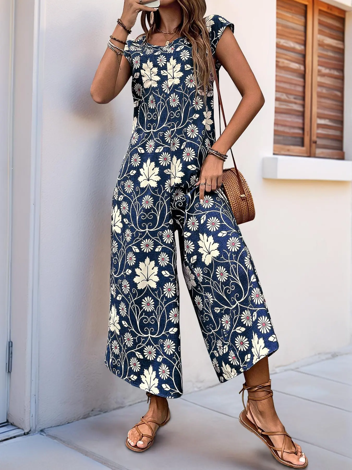 Women's Floral Print Wide Leg Jumpsuit, Boho Casual Jumpsuit for Daily Holiday Vacation Wear, Ladies Clothes for Summer
