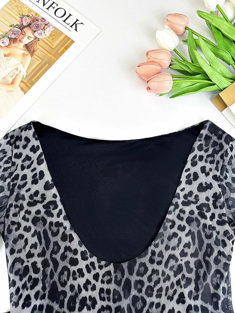 Product Introduction of Women's Leopard Print Backless Mesh Dress, Fashion Casual Boat Neck Flounce Sleeve Short Dress for Daily Outdoor Wear, Women Dress for Spring Fall, Valentine's Day Gift for Girl, Dresses for Women, Holiday Dresses 7
