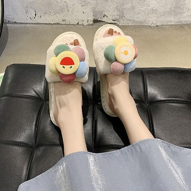 Dép lông thỏ hình Hoa mặt cười to đi trong nhà, quai ngang dạng bánh mì, đi ấm chân vào mùa đông Dép Nữ 2