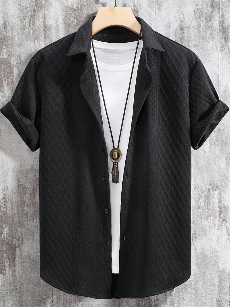 Product Introduction of Men's Solid Textured Button Front Shirt, Regular Fit Casual Short Sleeve Collared Top for Summer, Fashion Men's Clothes for Daily Wear 7