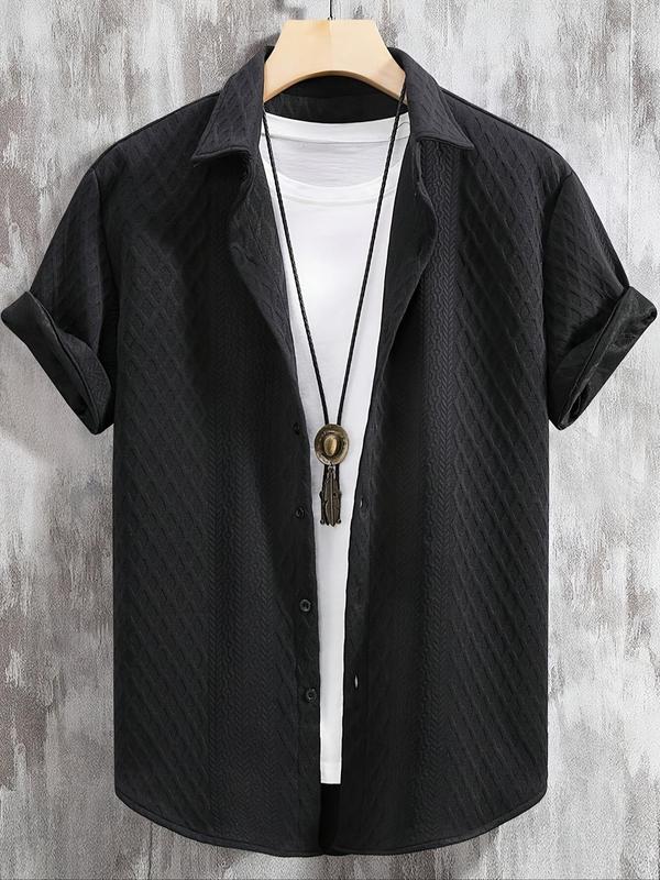 Men's Solid Textured Button Front Shirt, Regular Fit Casual Short Sleeve Collared Top for Summer, Fashion Men's Clothes for Daily Wear 6