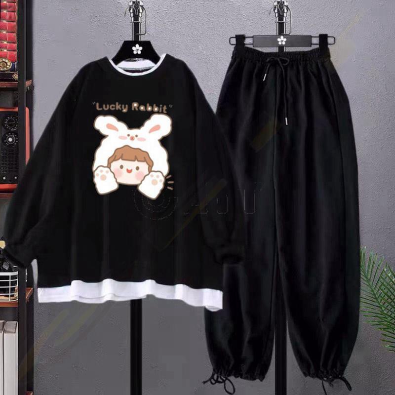 [MIỄN PHÍ SHIP]Sét áo nỉ bo gấu trắng  bé thỏ Lucky Kèmquần bom chun , Áo hooide Unisex from rộng, thiết kế phong cách hàn quốc I-Erina cute 5