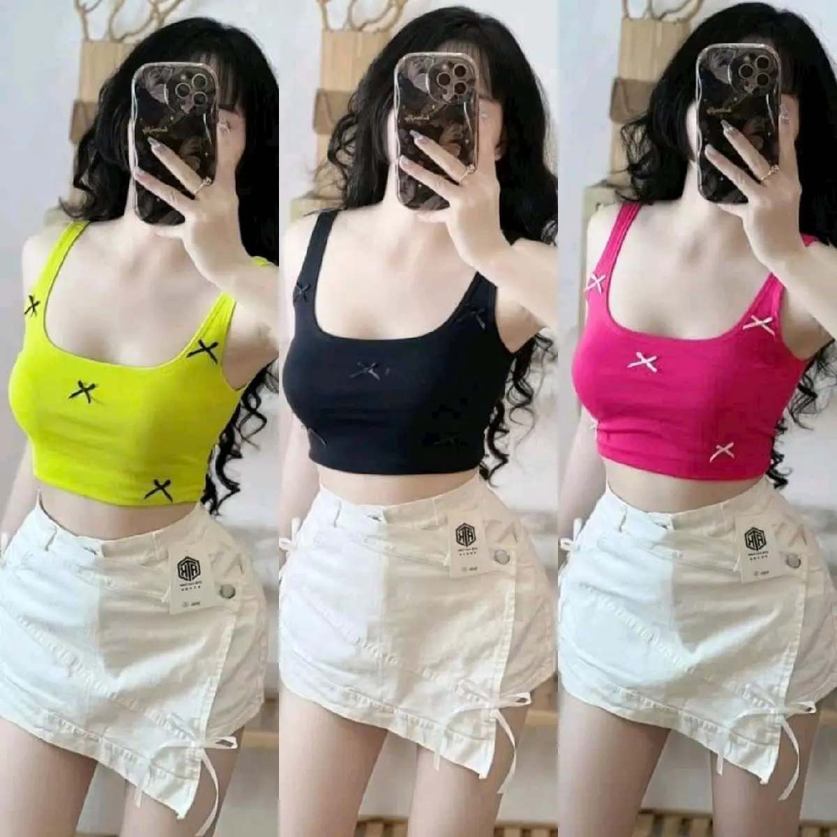 Sét chân váy kaki đắp chéo áo dây đính nơ