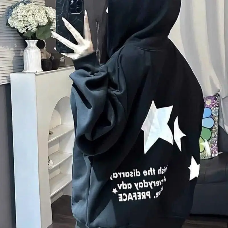 Áo khoác nỉ form rộng , Hoodie zip form rộng mũ hai lớp - Sao in hai mặt 4