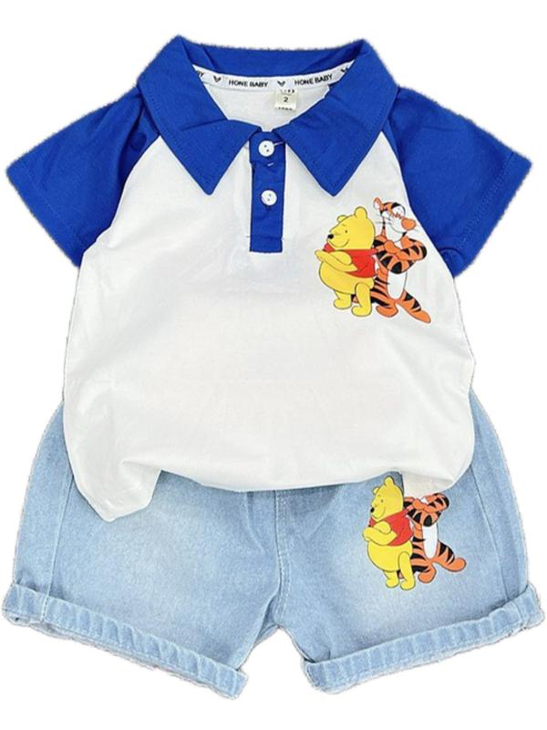 Sale> Set bộ áo polo cổ trụ in gấu mặt trước, mặt sau dễ thương, áo cotton tàu mềm mịn co giãn thoải mái, phối quần Jean mềm mịn hình in dễ thương cho bé trai mặc đi học, đi chơi, đi chơi Tết siêu sang. Tee