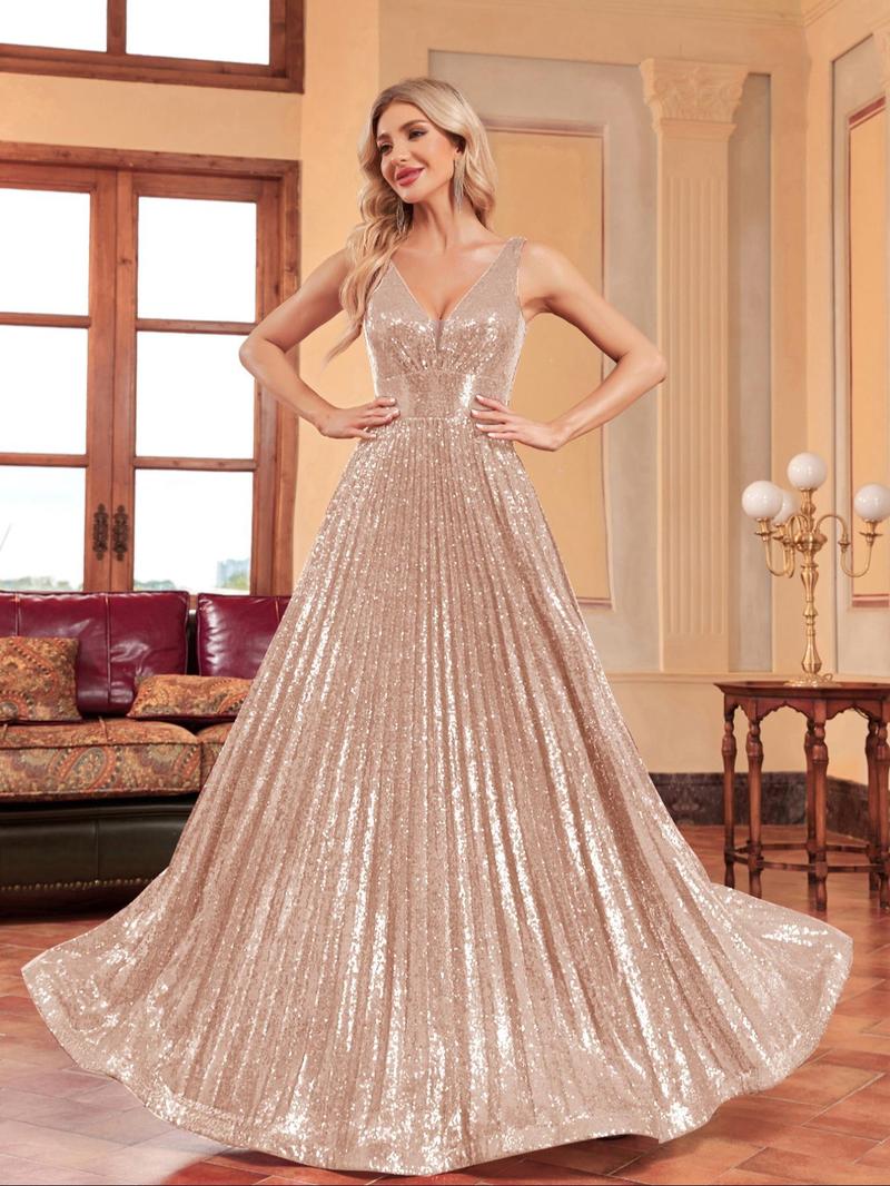 Product Introduction of Women's Contrast Sequin Backless Pleated Evening Dress, Elegant Deep V Neck Sleeveless Maxi Dress for Party Banquet, Ladies' Clothes for Summer 5