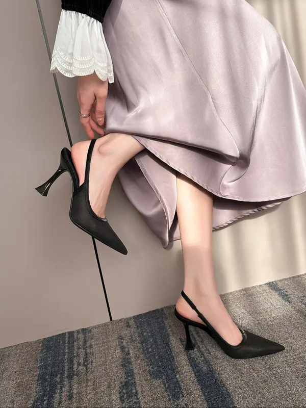 Women's Solid Color Pointed Toe High Heel Shoes, Elegant Fashionable Black Heels for Party, Daily Clothing Decor, Back Empty Versatile Shoes for Women, Footwear 1