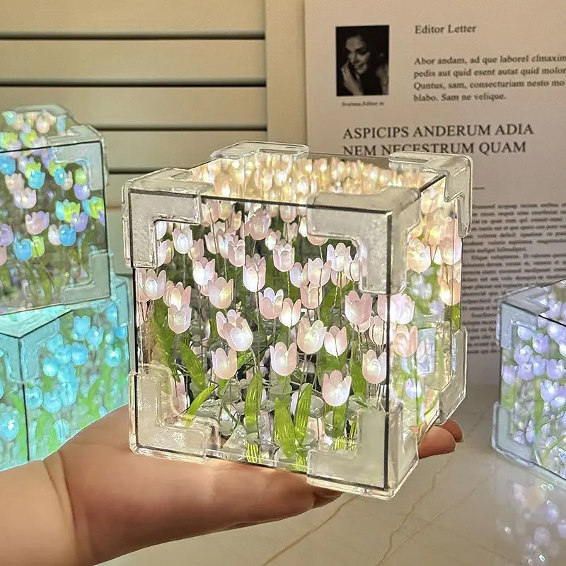 Bộ đèn ngủ tự làm, Thiết kế hoa tulip, Thủ công gương khối lập phương 3D, với hiệu ứng Vườn hoa nở, Trang trí phòng ngủ lãng mạn thủ công, Quà tặng sinh nhật sáng tạo cho bạn gái / Vợ, bao gồm đèn dây LED và lắp ráp câu đố 6