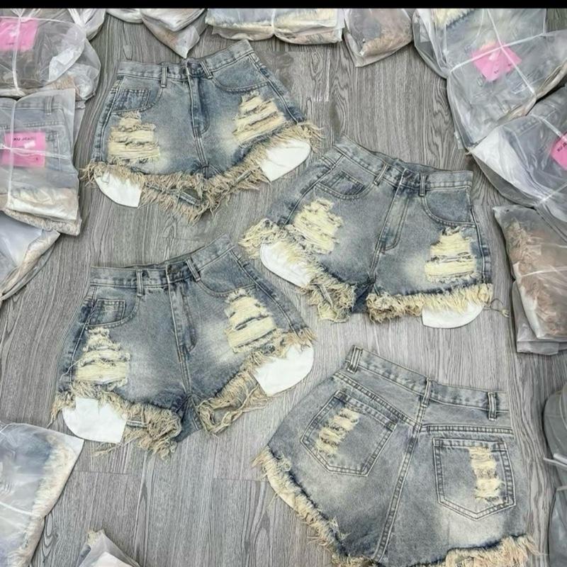 Quần shorts jean đùi nữ 2 màu Xanh Bụi rach kiểu 3 đường lộ túi vải lưng cao thời trang denim Women nữ_Sz SML 3