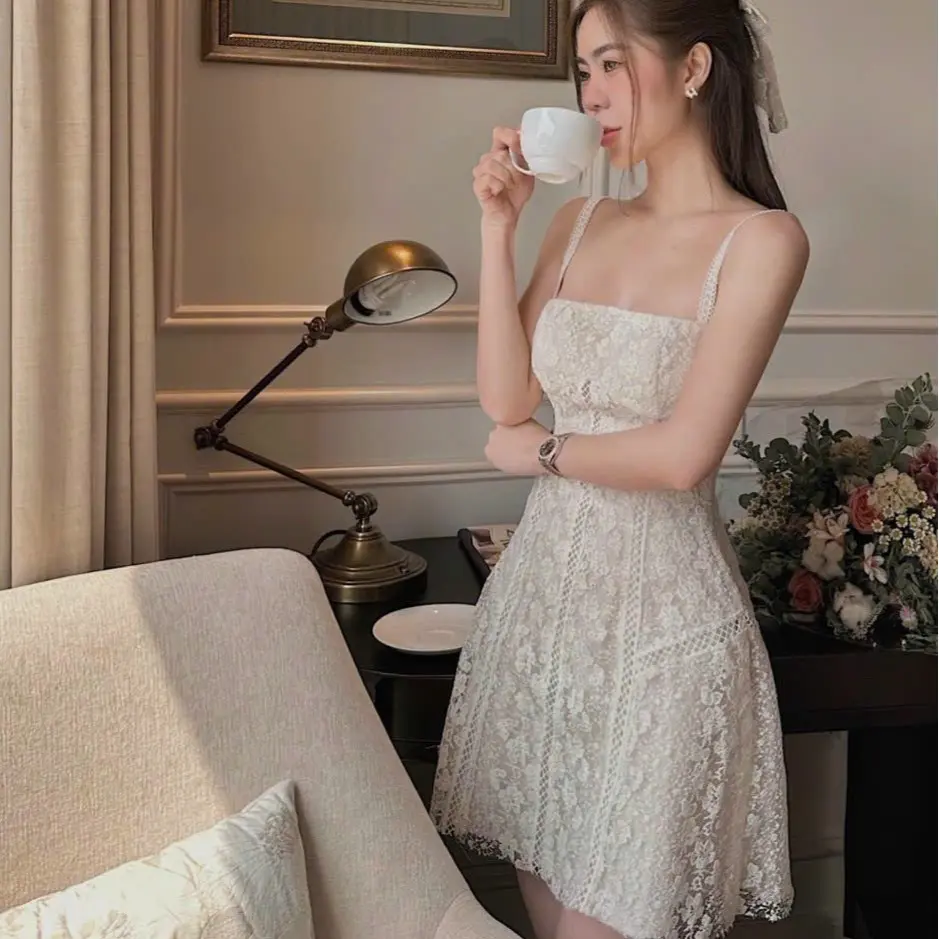 Đầm dự tiệc 2 dây ren cao cấp Cara Dress Kem Nữ Váy Trắng Women