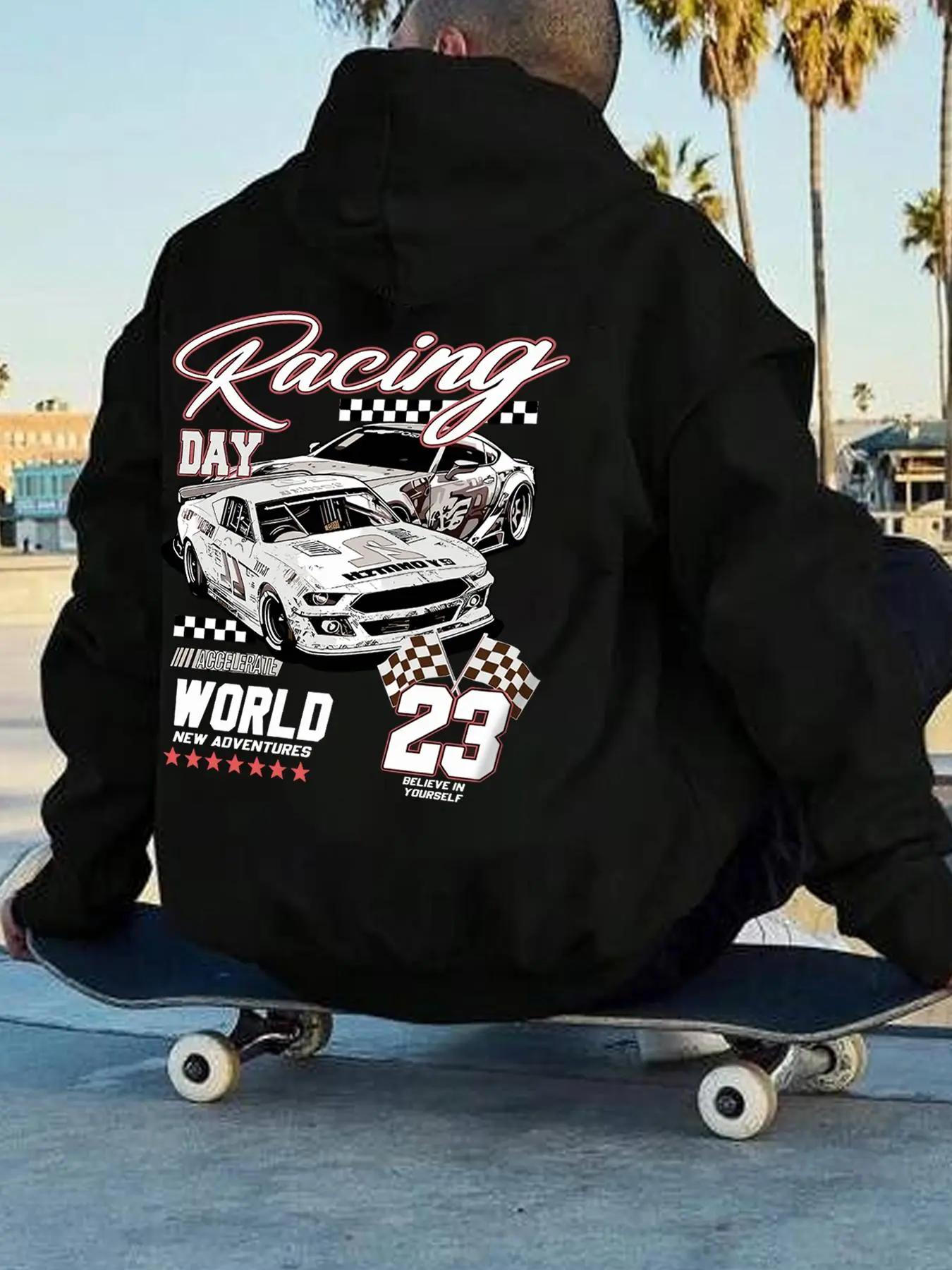 Men's Racing Print Drop Shoulder Hoodie, Fashion Casual Regular Fit Letter & Car Print Drawstring Pocket Hooded Sweatshirt for Daily Holiday Outdoor Wear, Men Clothes for Fall & Winter